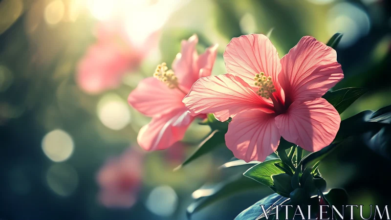 Pink Hibiscus Flowers with Shallow Depth of Field and Soft Bokeh Background.