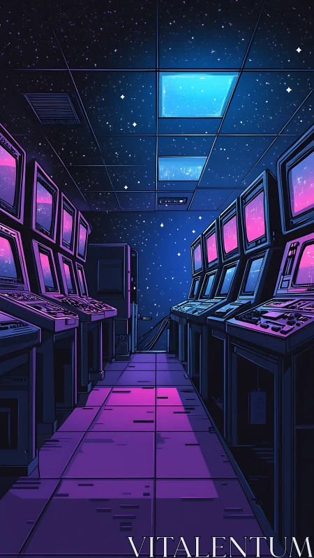 Retro control room corridor under starry ceiling glow.