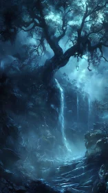 Ethereal Sentinel: Ancient Tree Crowned in Spectral Mist