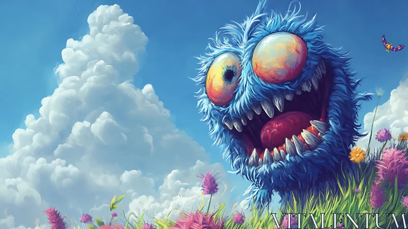 Fluffy sky-beast laughs loudly across candy-colored meadow