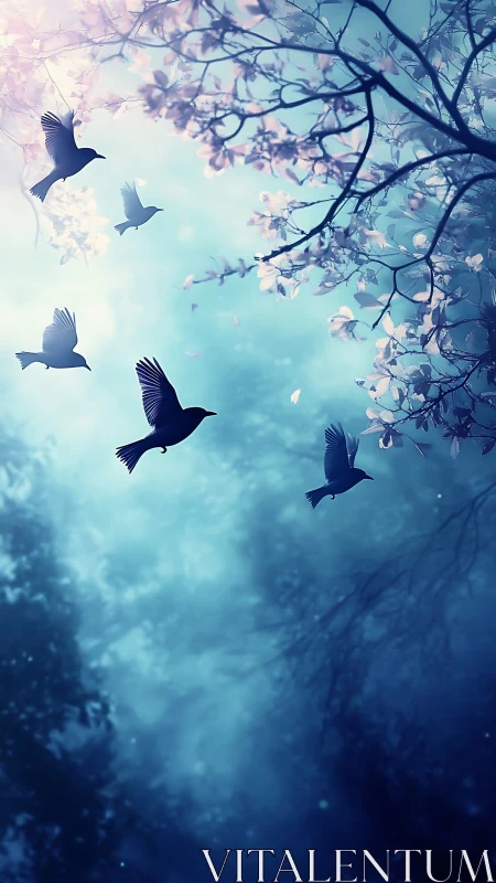 Silhouetted birds in ethereal blue forest canopy at dawn