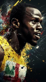 Dynamic sprinter portrait in explosive paint-splash style.