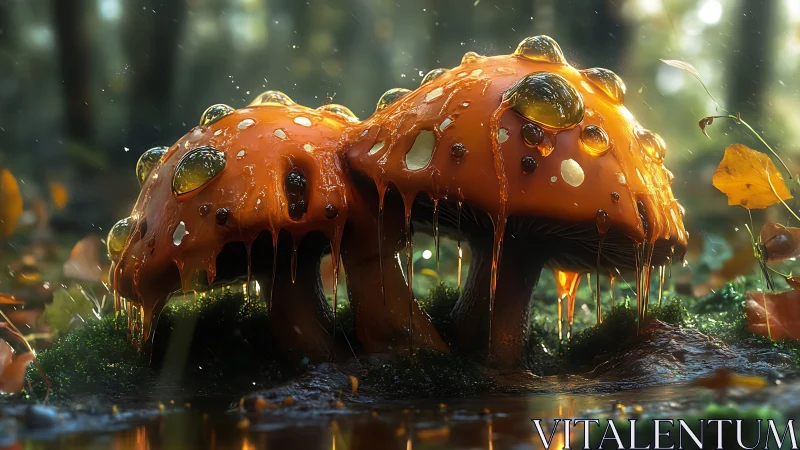 Glowing forest mushrooms with molten amber droplets at dusk.