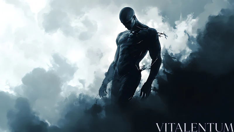 Shadowborn titan emerging from swirling storm clouds.