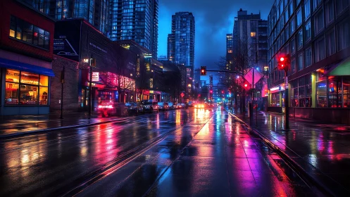 Neon rain turns the quiet city avenue into liquid chrome