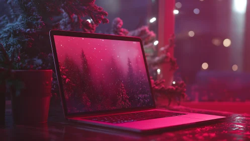 Laptop on desk with winter forest display in red lighting.