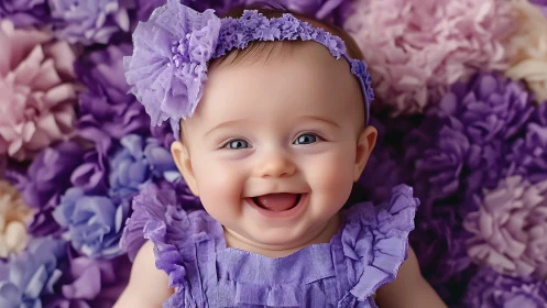 Joyful Infant in Purple Floral Ensemble. Photorealistic Portrait Study.