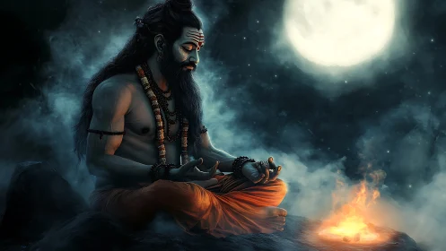 Moonlit sage in deep meditation by a quiet mountain fire.