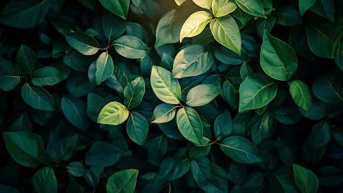 Overhead view of dense green foliage under low light.