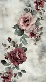 Vintage rose bouquet climbs muted textured background.