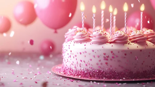 Pink Celebration Cake with Lit Candles and Balloons