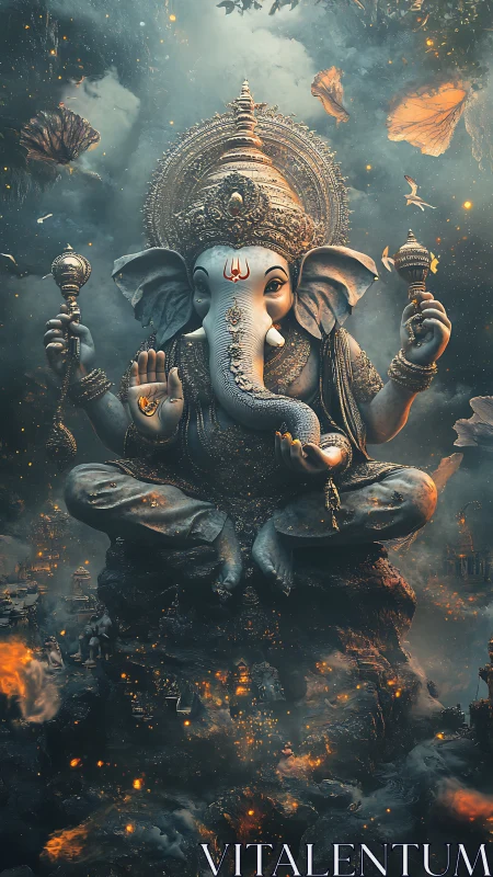 Elephant-headed deity statue sits amid smoky glowing ruins