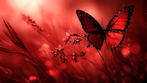 Scarlet butterfly floats in dreamy red meadow haze at dusk