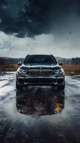 Front-facing luxury SUV under stormy sky with wet-ground reflections
