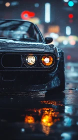 Classic muscle car idles on neon city street in rainfall