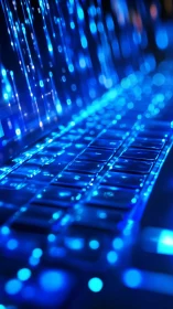 Cyberpunk keyboard matrix with cascading blue data streams.