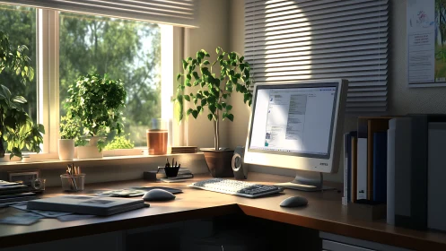 Sunlit workstation with monitor, desk plants, and supplies.