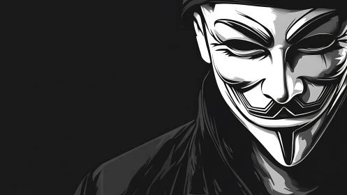 Monochrome Guy Fawkes mask portrait in vector chiaroscuro.