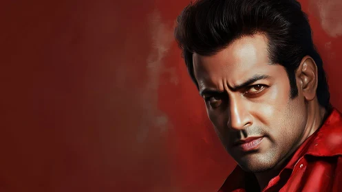 Intense digital portrait against deep textured red background.