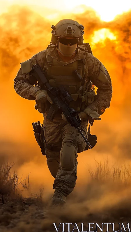 Armored soldier running through smoke and fire in desert.