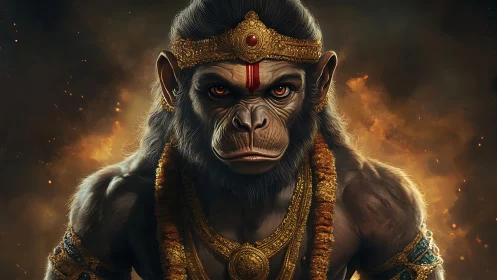 Fierce simian guardian crowned in emberlit divine gold.