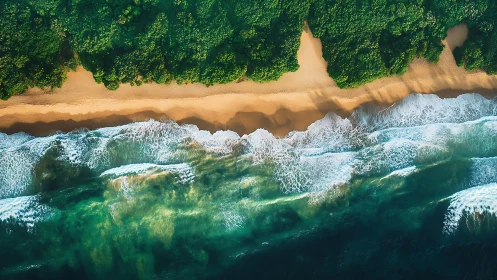 Tropical shoreline from above with waves and golden sand.