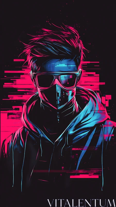 Neon masked hacker stands bold in a glowing cyberpunk storm