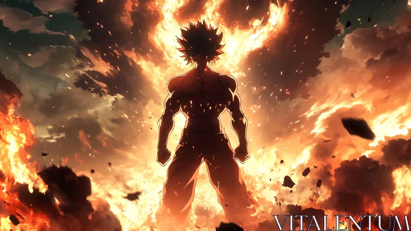 Fiery anime hero rising strong from a storm of flames.