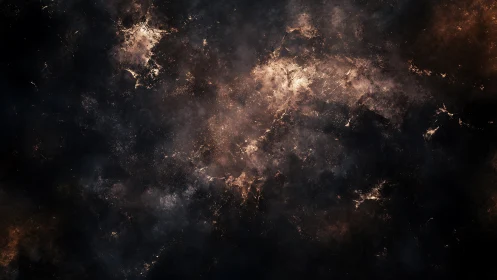 Turbulent interstellar nebula with dark dust clouds and embers