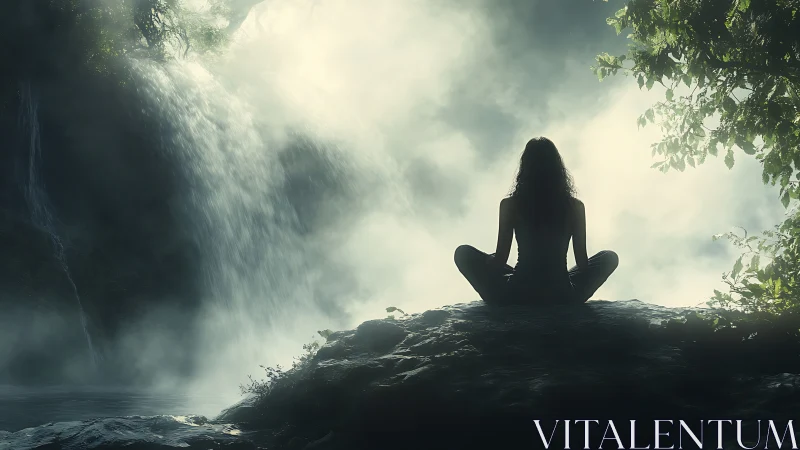 Backlit silhouette meditation at misty cascade viewpoint