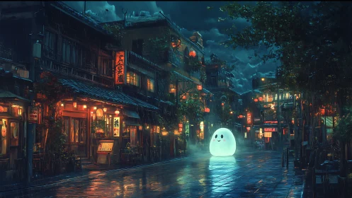 Moonlit ghost egg smiles through neon rain in old town
