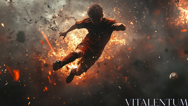 Fiery soccer striker explodes through smoke in dynamic motion