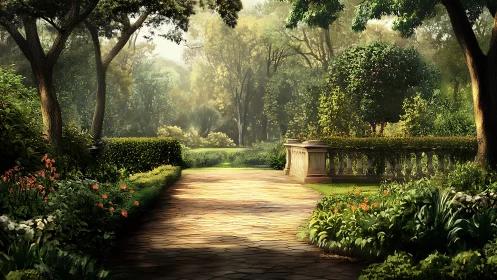 Sunlit garden promenade with stone balustrade and flowers.