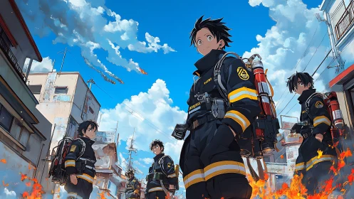 Anime firefighting squad advancing through burning streets.
