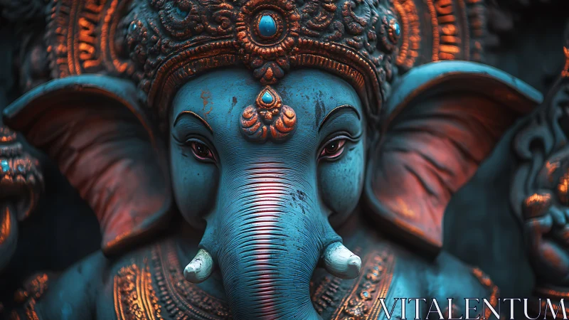 Radiant blue Ganesha statue glows with calm, gentle warmth