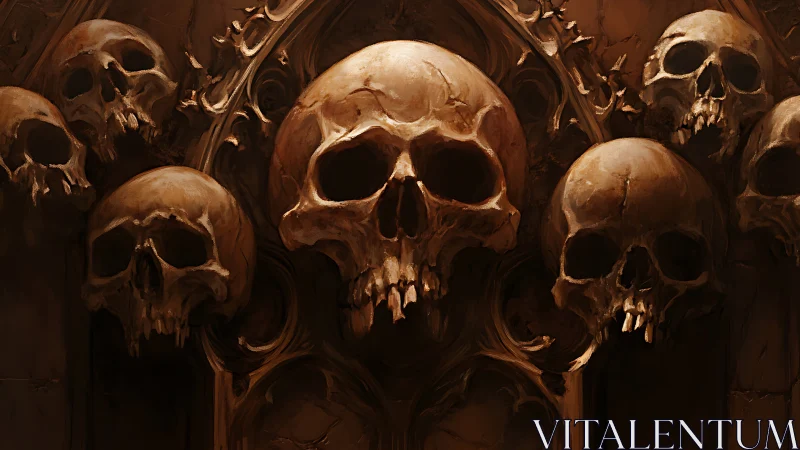 Gothic skull wall emerges from shadowed cathedral archway.