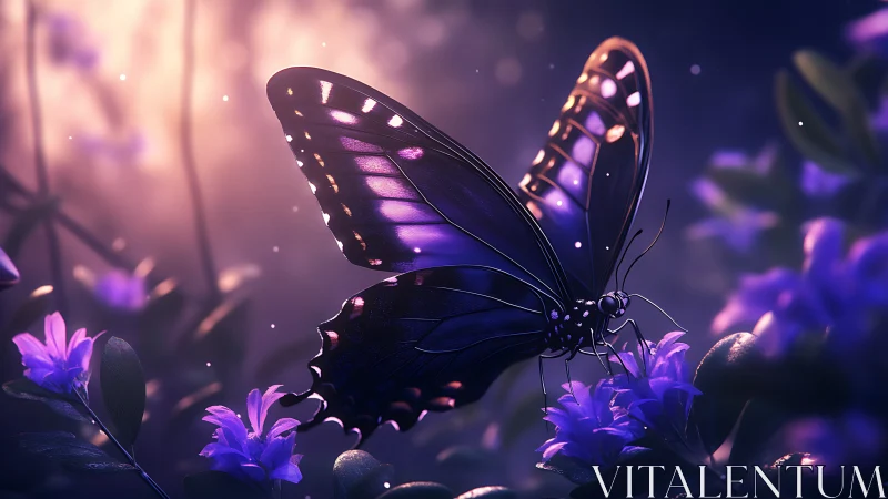 Violet butterfly rests on glowing flowers at dusk.