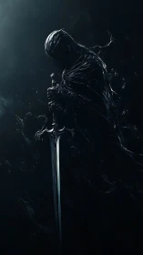 Hooded armored figure holding long sword in dark space.