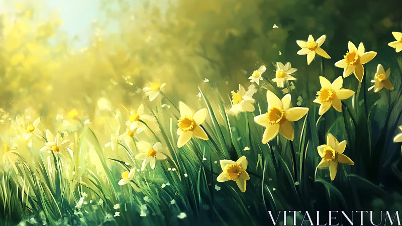 Spring daffodil field with bright yellow flowers and green foliage