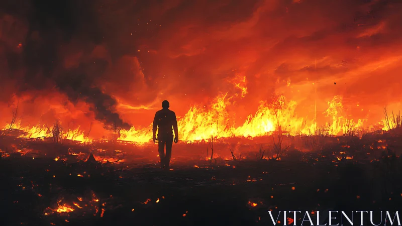Solitary figure confronts apocalyptic wildfire landscape