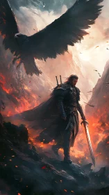 Lone armored warrior beneath blazing raven skies.