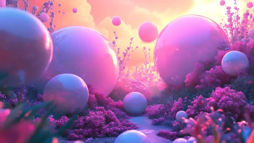 Glowing pastel spheres drift through a dreamy alien garden