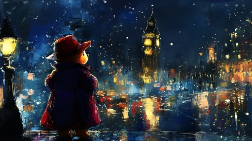 Coated bear in red hat watches luminous London skyline softly