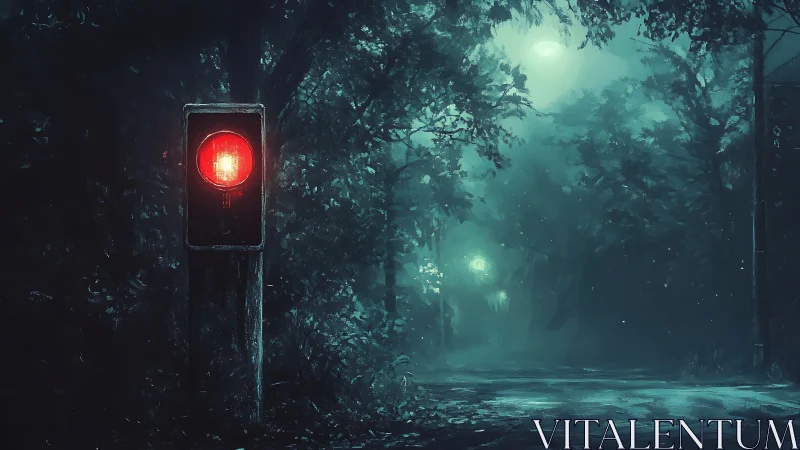 Crimson signal halts a mist drenched forest midnight road.