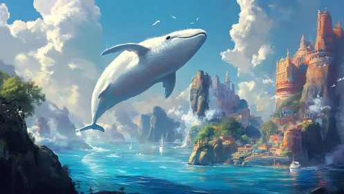 Aerodynamic sky-whale over coastal citadel archipelago.