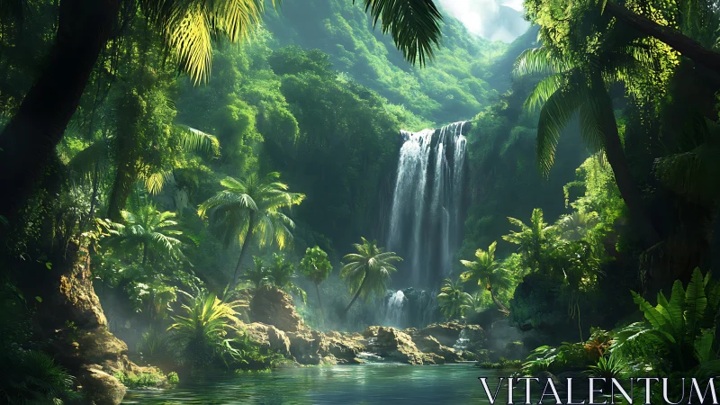 Lush tropical jungle waterfall with pool and dense greenery.