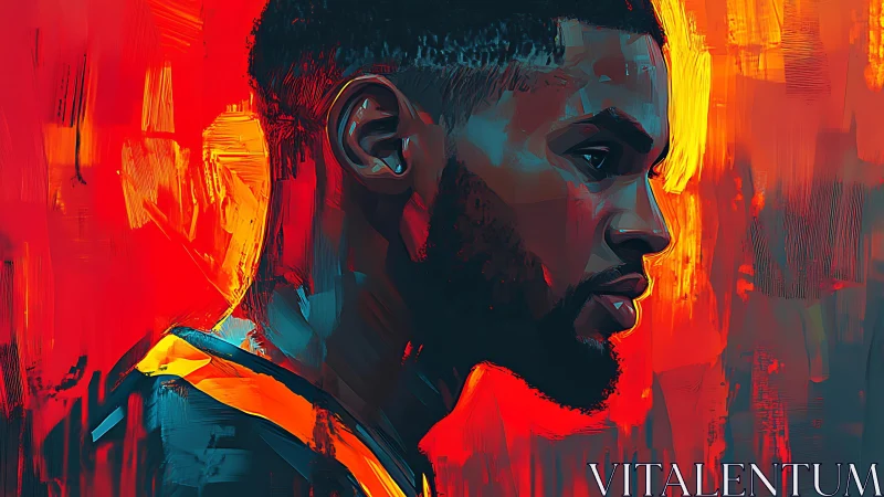 Profile portrait against vibrant red abstract background.