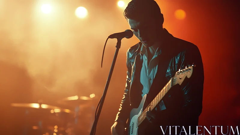 Backlit guitarist at microphone in atmospheric stage haze.