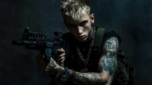 Tattooed armed man in tactical gear against dark backdrop.