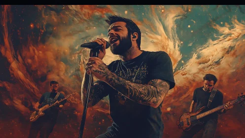 Tattooed rock vocalist leads band amid cosmic storm backdrop